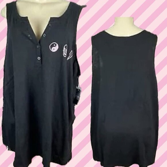 Torrid Tops - Torrid +4 Black Button Neck Pink Embroidered Skull-Bolt-Ying-Yang Icons Tank Top